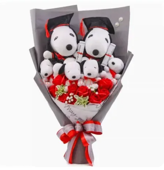snoopy red roses graduation bouquet